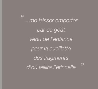 ... me laisser emporter  par ce goût  venu de l’enfance  pour la cueillette  des fragments  d’où jaillira l’étincelle.